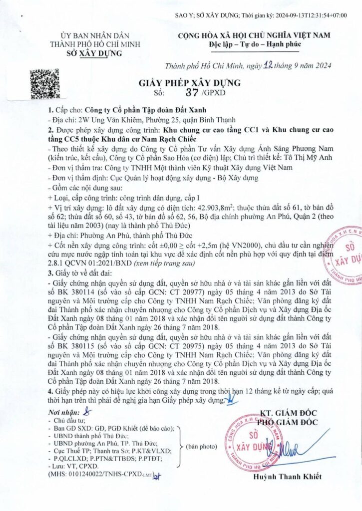Giấy phép xây dựng Khu chung cư cao tầng CC1 và CC5 (dự án căn hộ The Prive) thuộc Khu dân cư Nam Rạch Chiếc, tại phường An Phú