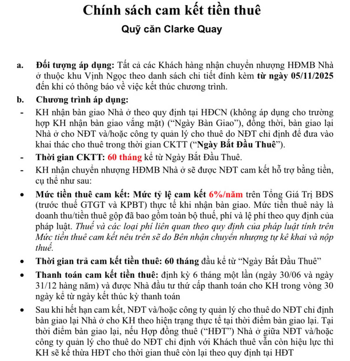 Chính sách cam kết tiền thuê quỹ căn Clake Quay Vinhomes Green Paradise
